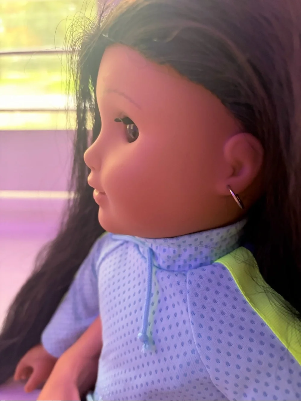 American Girl doll and  Light Blue Doll Tracksuit with Neon Yellow Accents